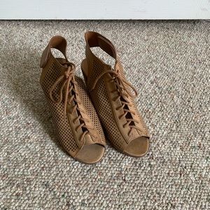 Taupe Open Toe Lace Up Heels